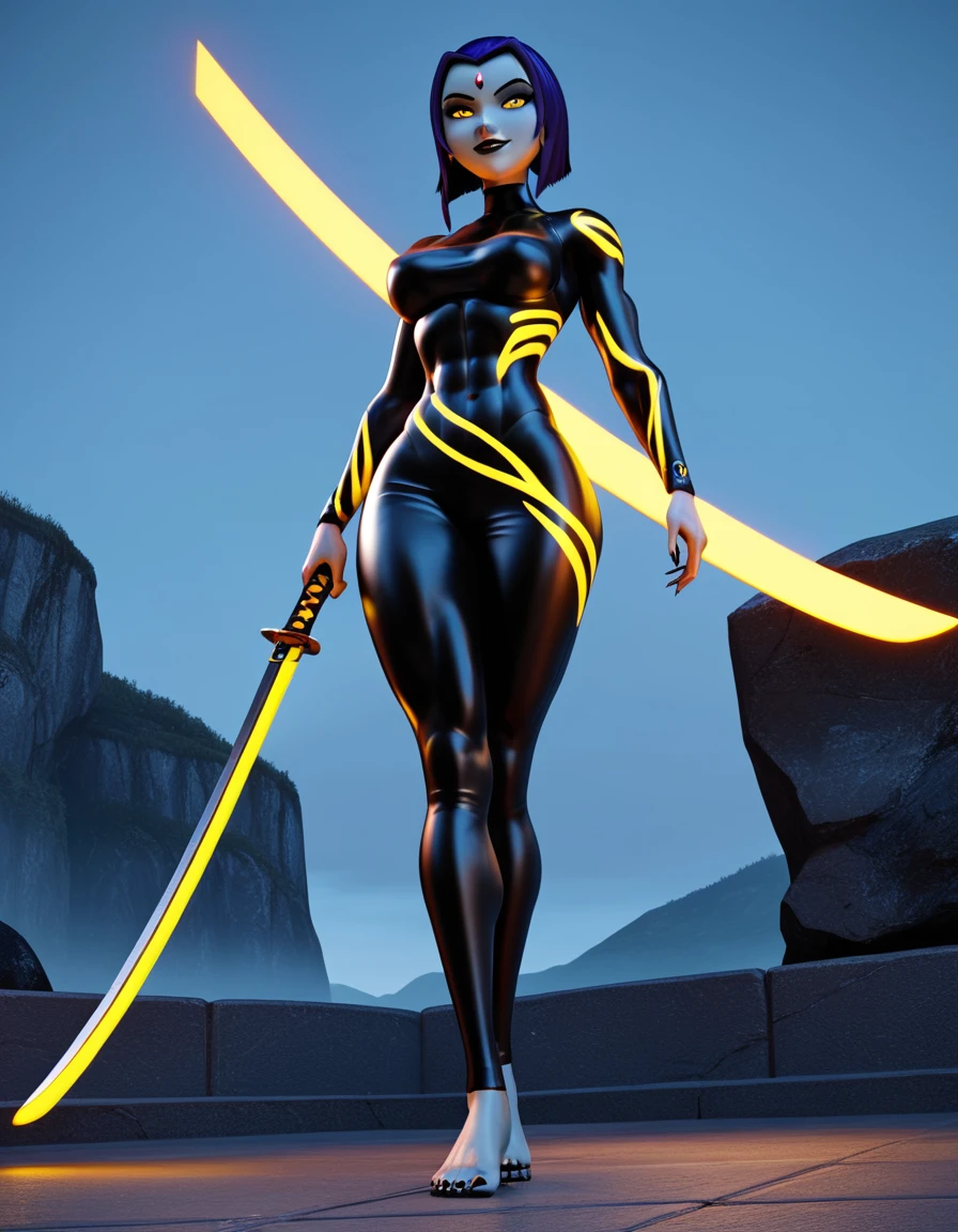 Mulher futurista gigante com olhos amarelos brilhantes e katana