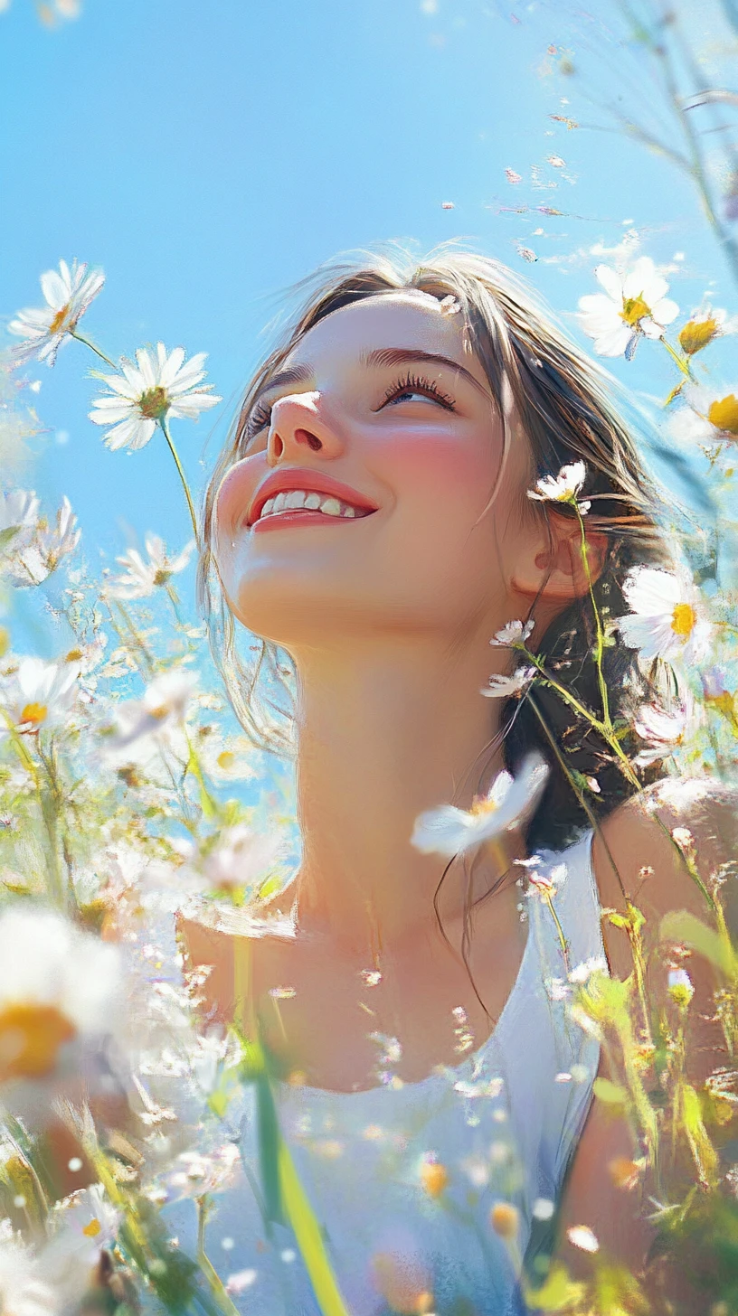 Giovane donna sorridente davanti a luminose fioriture estive