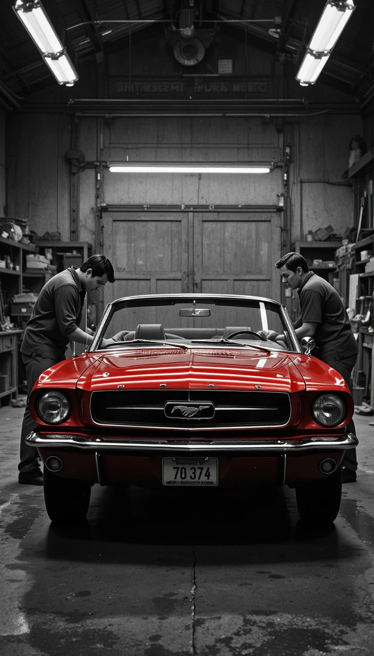 Homem trabalhando em Mustang conversível vermelho em grande garagem
