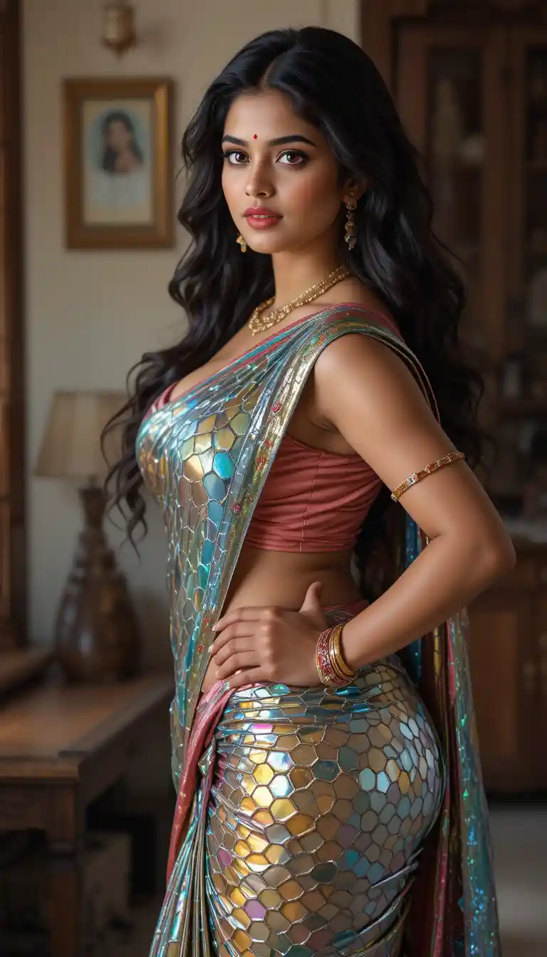 Donna indiana in sari a specchio lucido in stanza rustica