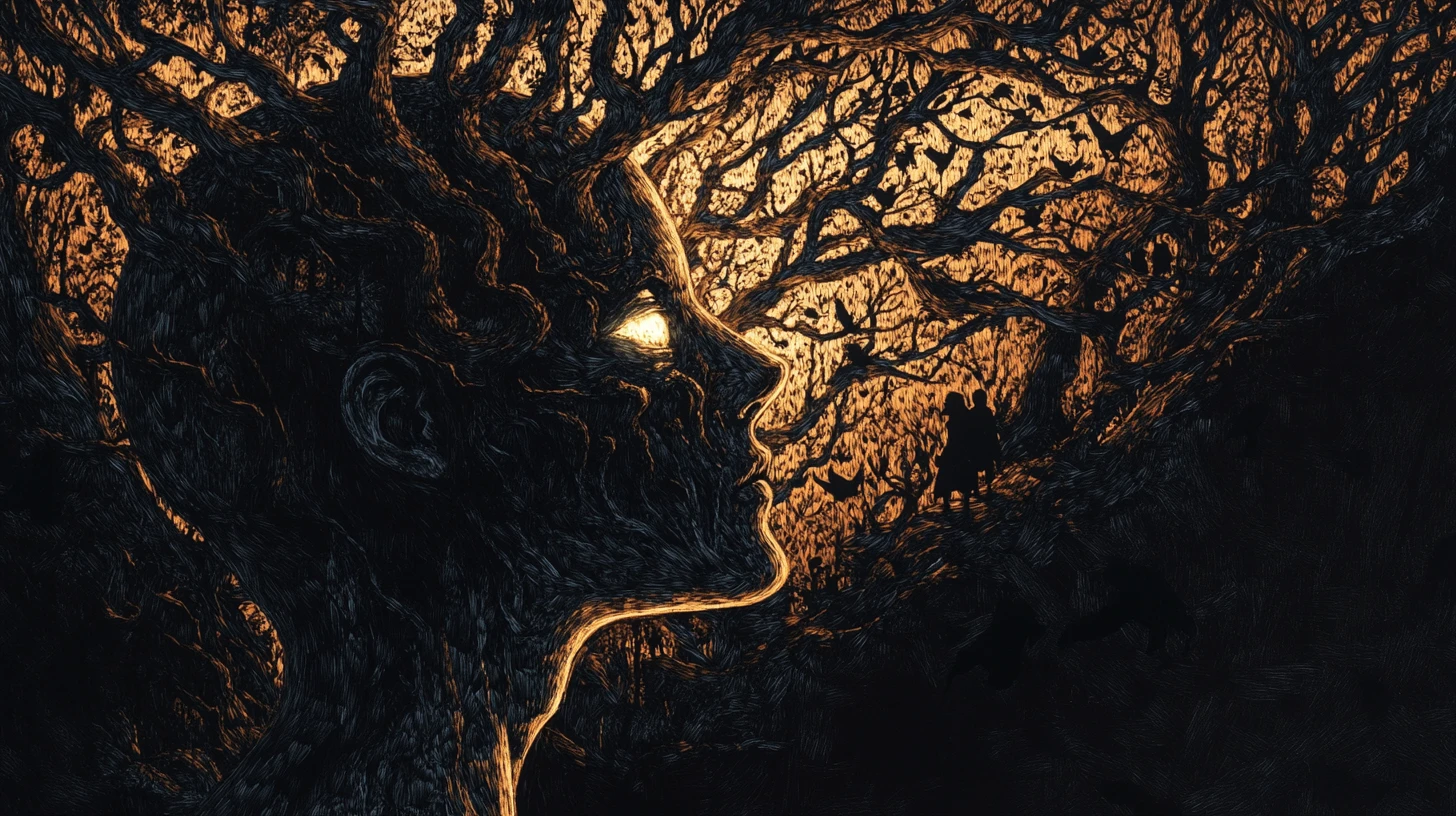Silhouette umana riempita da foresta incantata e volti nascosti