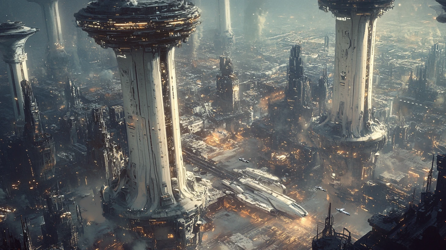 Kolossale Sci-Fi-Städte auf Säulen über einer giftigen Wüste