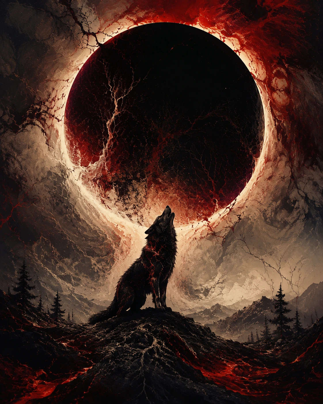 Silhueta de lobo sob um vasto céu de eclipse surreal