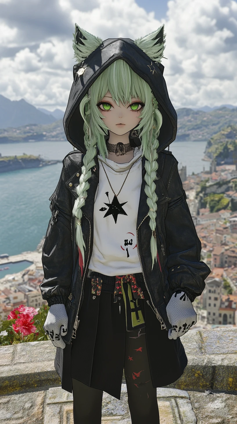 Ragazza anime che osserva città fantasy in rovina e monumento del porto