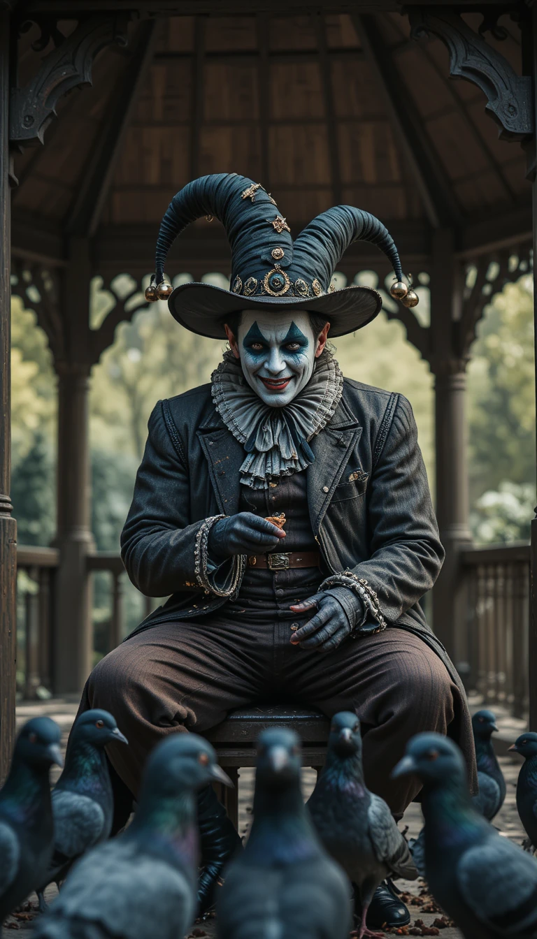 Melancholischer Hofnarr, der Tauben unter einem rustikalen Pavillon füttert