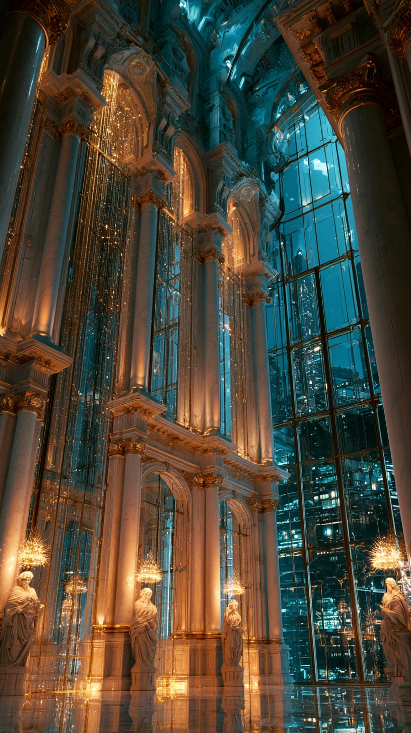 Cyber-Renaissance-Halle mit Marmorsäulen und Blick auf Neonstadt