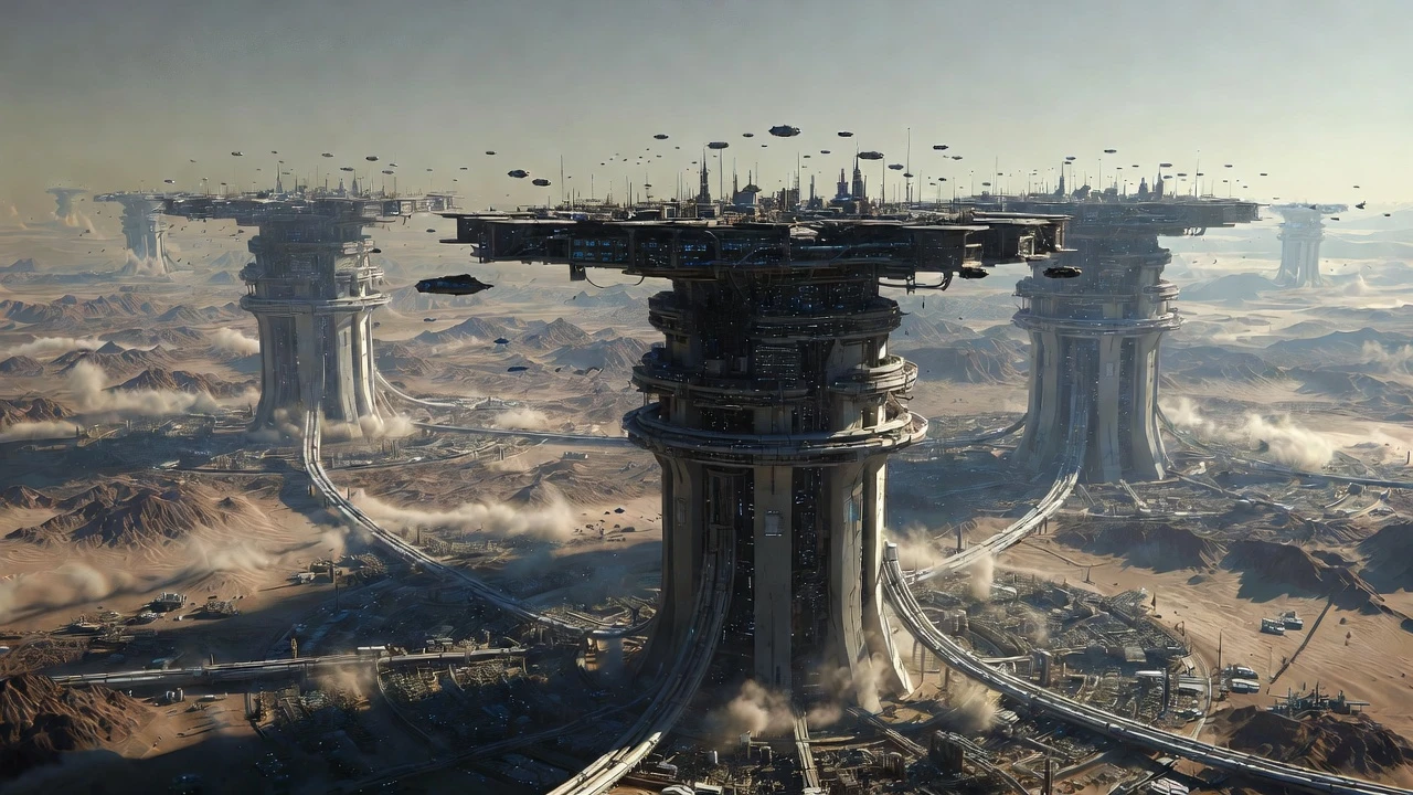 Cidades Futuristas Colossais em Pilares Sobre um Deserto Tóxico