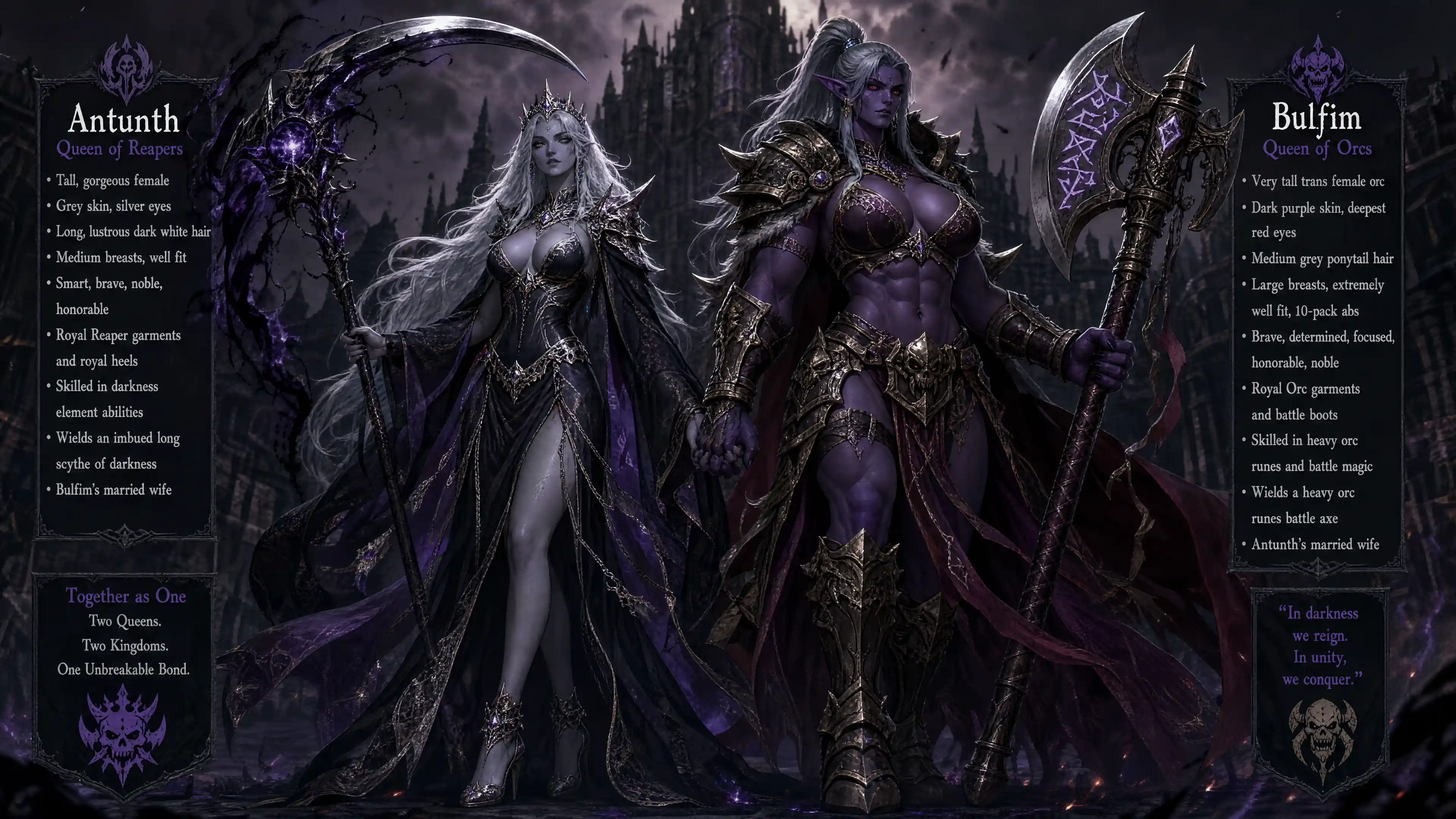 Tall grey skinned reaper queen with silver eyes and scythe