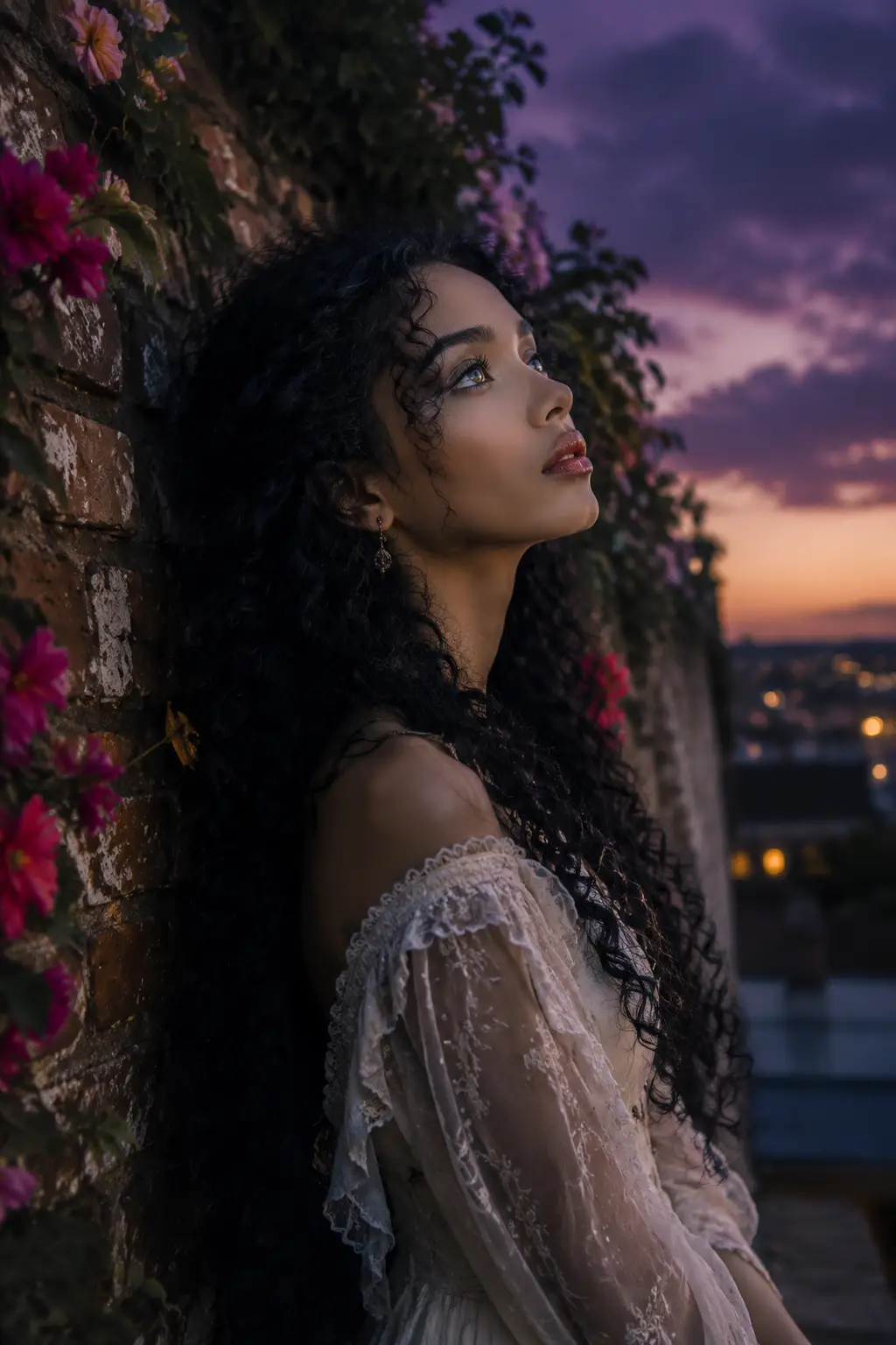 Solemn woman gazing upward against a flower covered brick wall