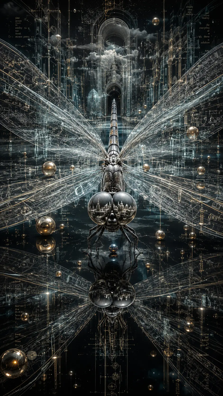Libelle über schwarzem, spiegelndem Wasser im surrealen Raum