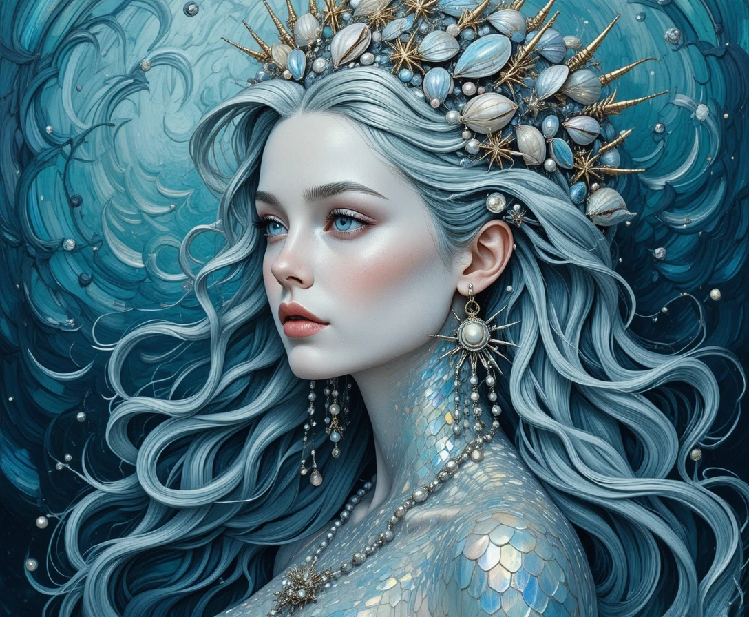飄渺人魚女神肖像，閃耀珍珠般光澤魚鱗