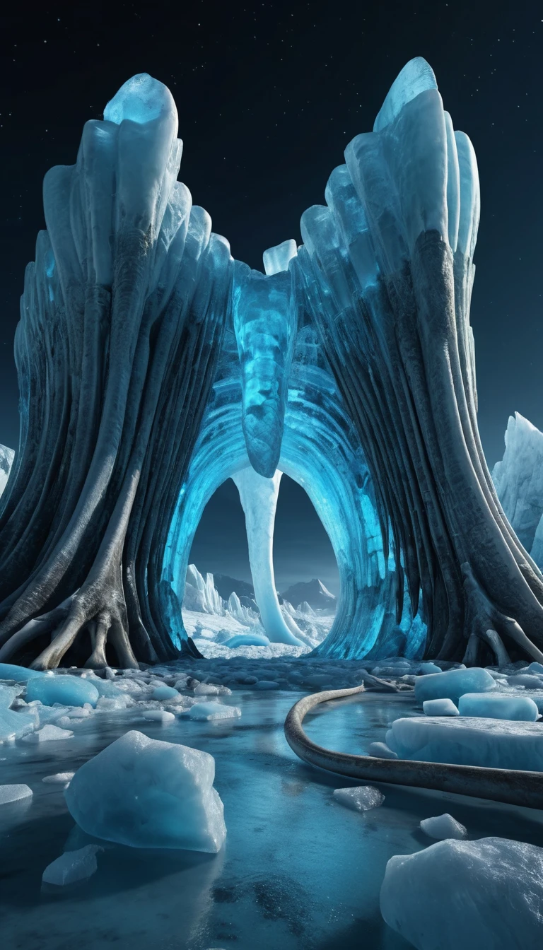 Antico ghiacciaio notturno con ossa di mammut nel ghiaccio blu