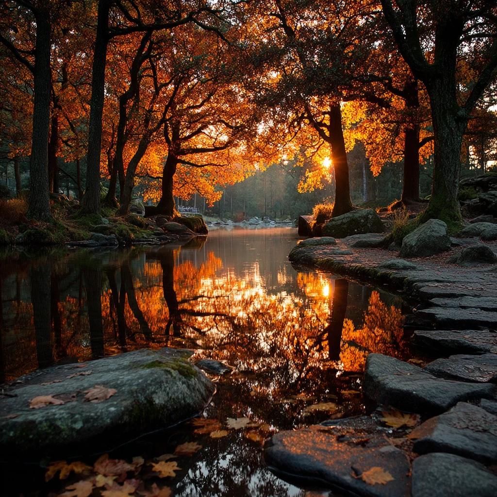 Lac de forêt d’automne reflétant un feuillage flamboyant dans une eau calme