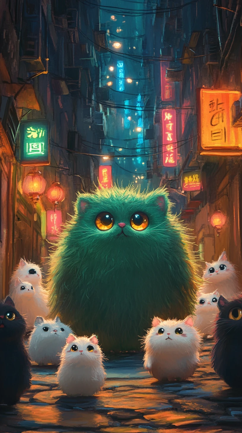夜のネオン街の路地にいる風変わりでふわふわな生き物たち