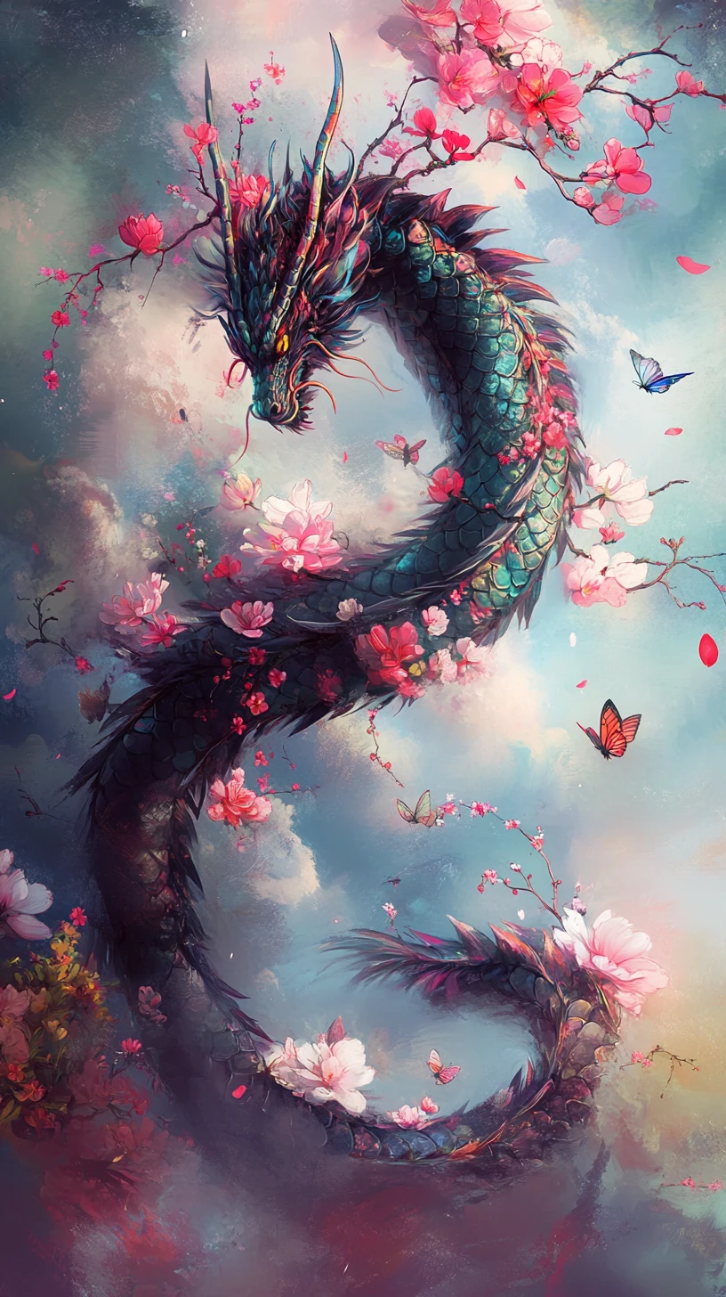Floraler Drache, der sich durch einen surreal leuchtenden Himmel windet