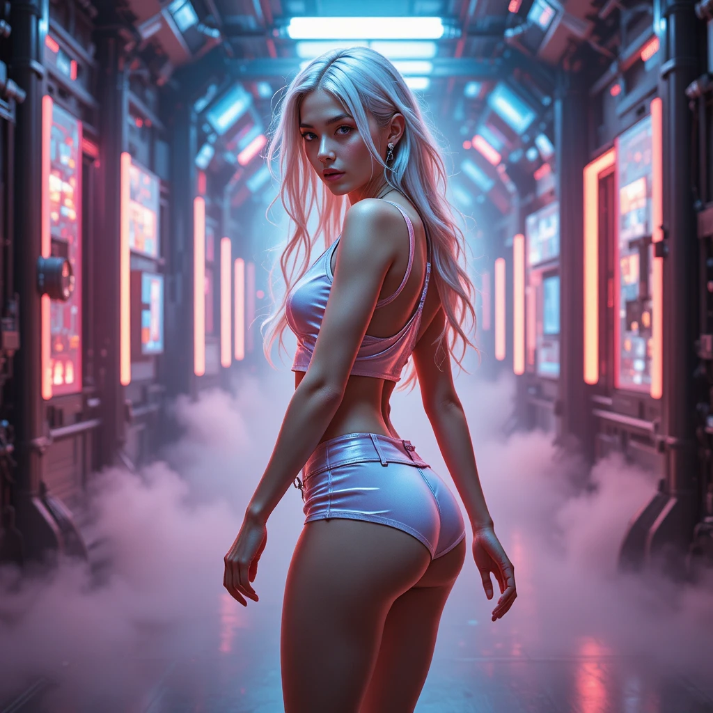 Donna sicura di sé che cammina in una città futuristica al neon