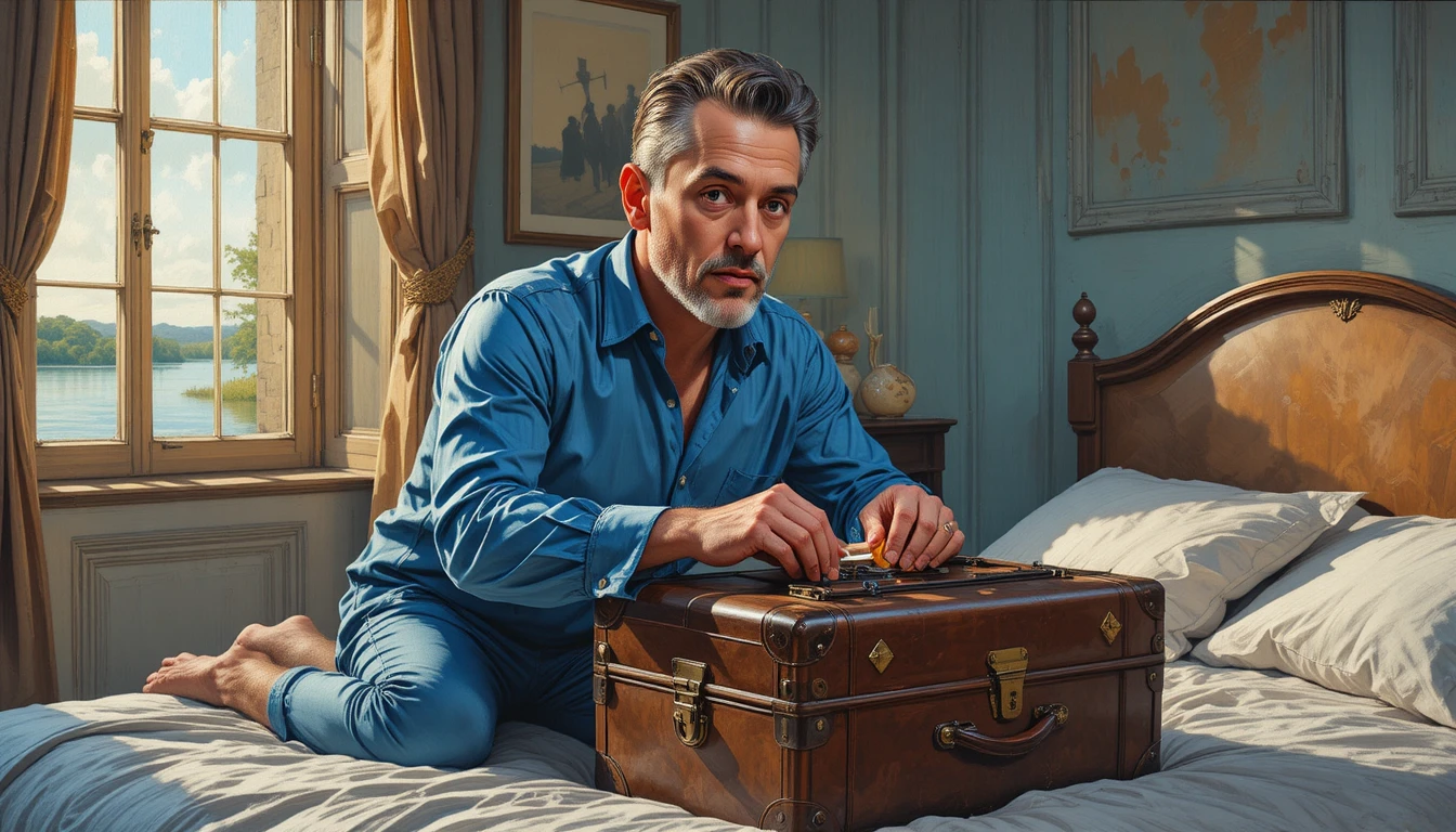 Pintura impressionista de empresário arrumando equipamento de pesca