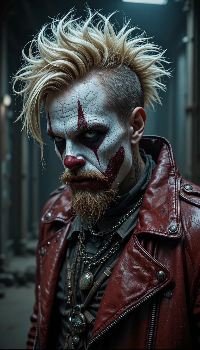 Anti-herói palhaço punk ameaçador em retrato industrial em close-up