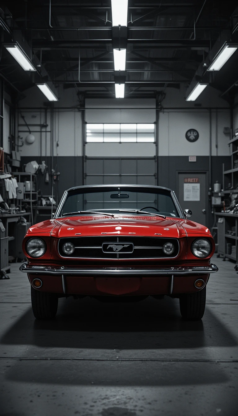 Mecânico trabalhando em Mustang vermelho em garagem monocromática