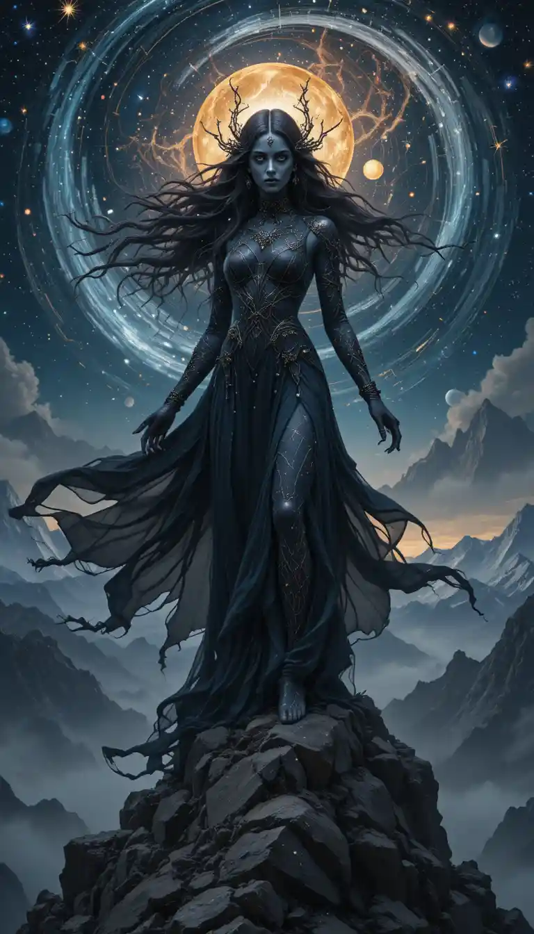 Mystical drow sorceress on a crystalline mountain peak