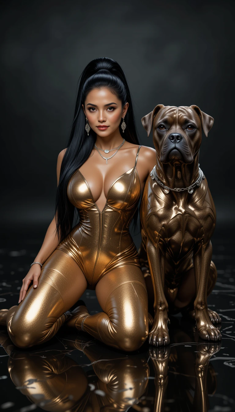 Mujer glamurosa con body dorado metálico sobre el suelo negro de estudio