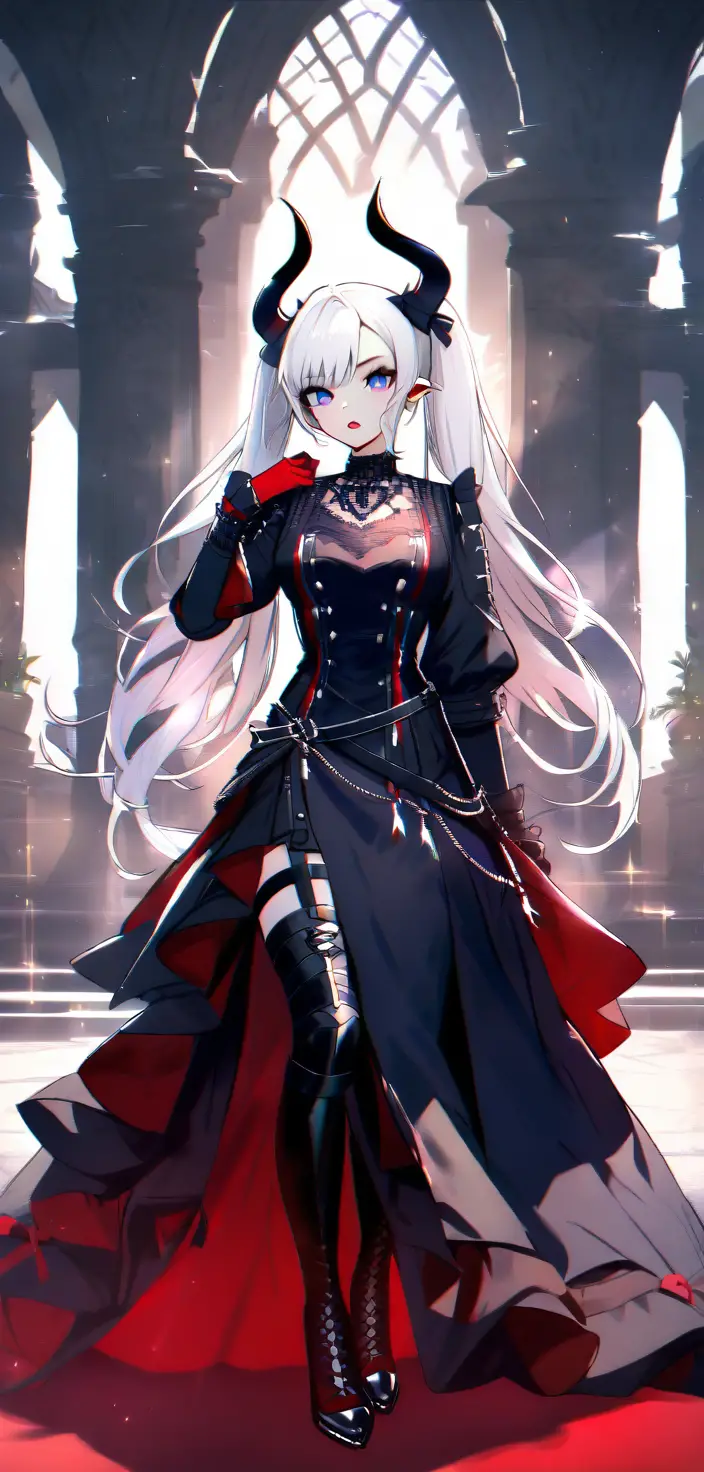 Donna tiefling in rosso in una cupa chiesa gotica