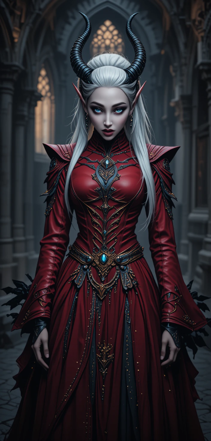 Mulher tiefling de vermelho em uma igreja gótica sombria