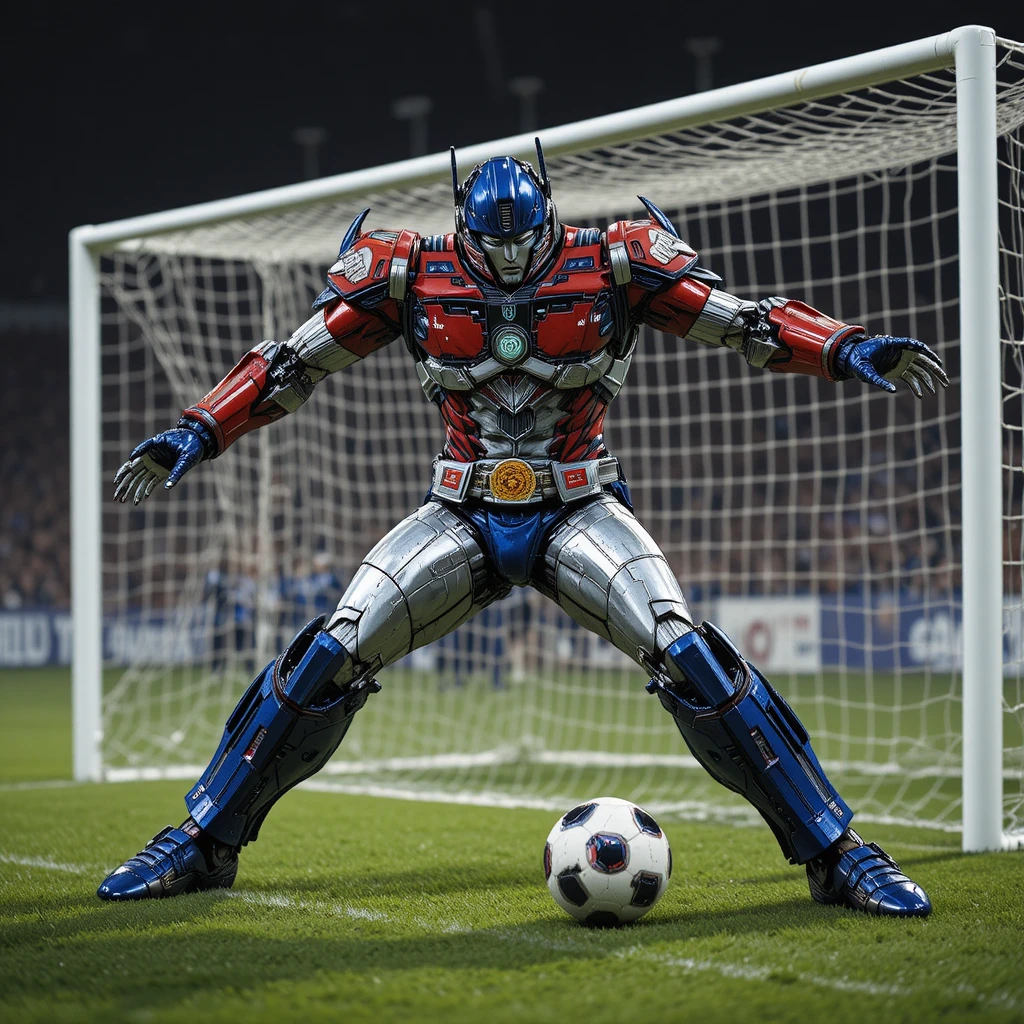 Humanoider Roboter, der einen Fußball in Richtung Tor schießt
