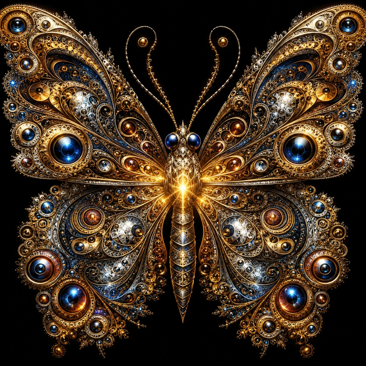 Borboleta metálica fractal brilhando em um fundo escuro