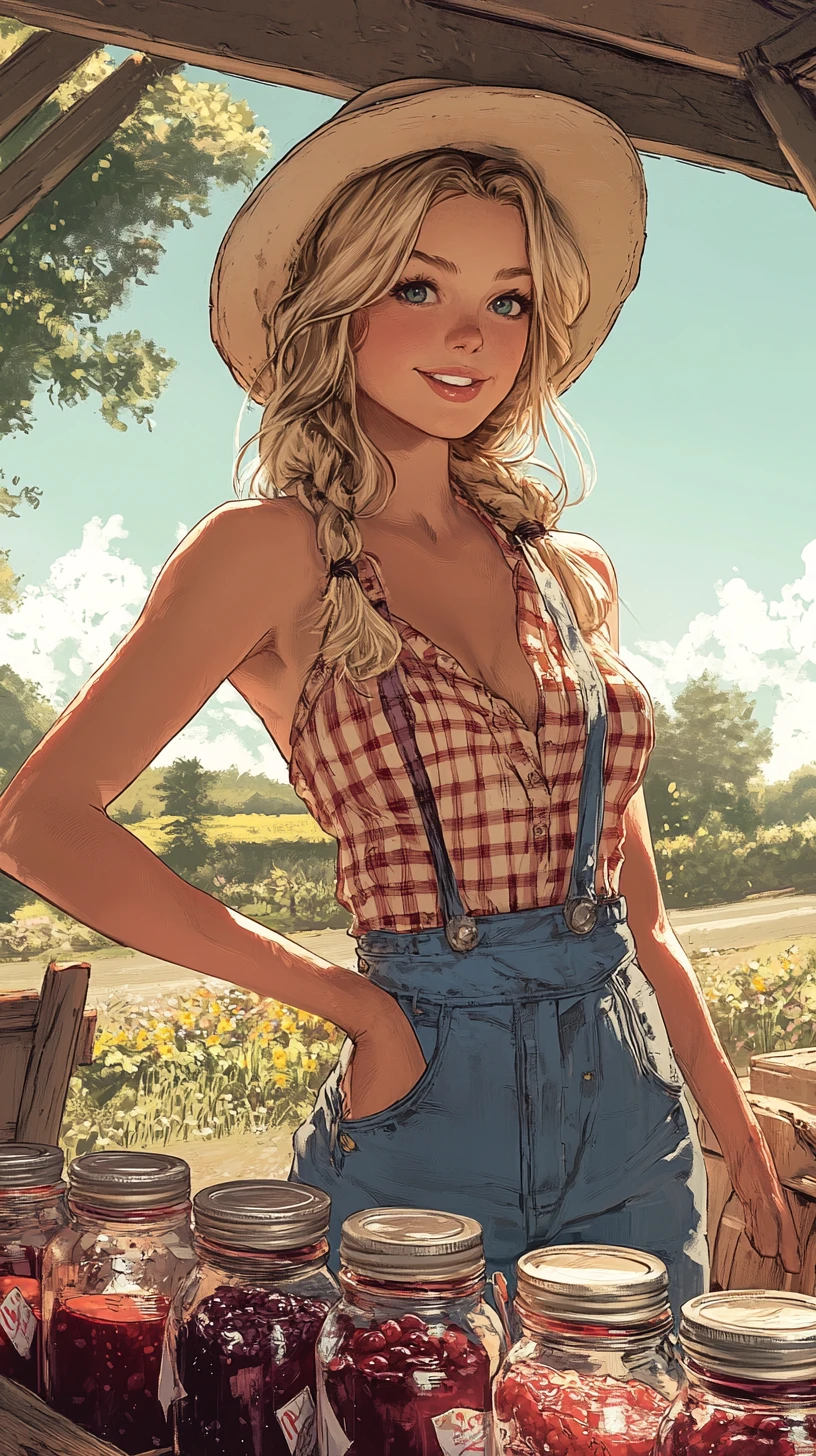 Blonde Bäuerin am Straßenrand-Marmeladenstand in der Landschaft von Vermont