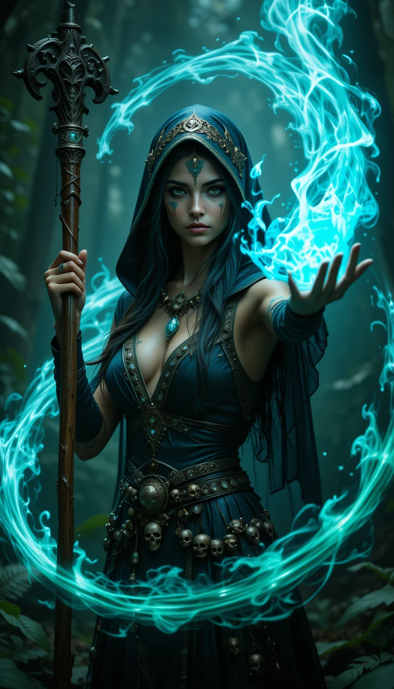 Dark forest witch summoning swirling blue flame magic