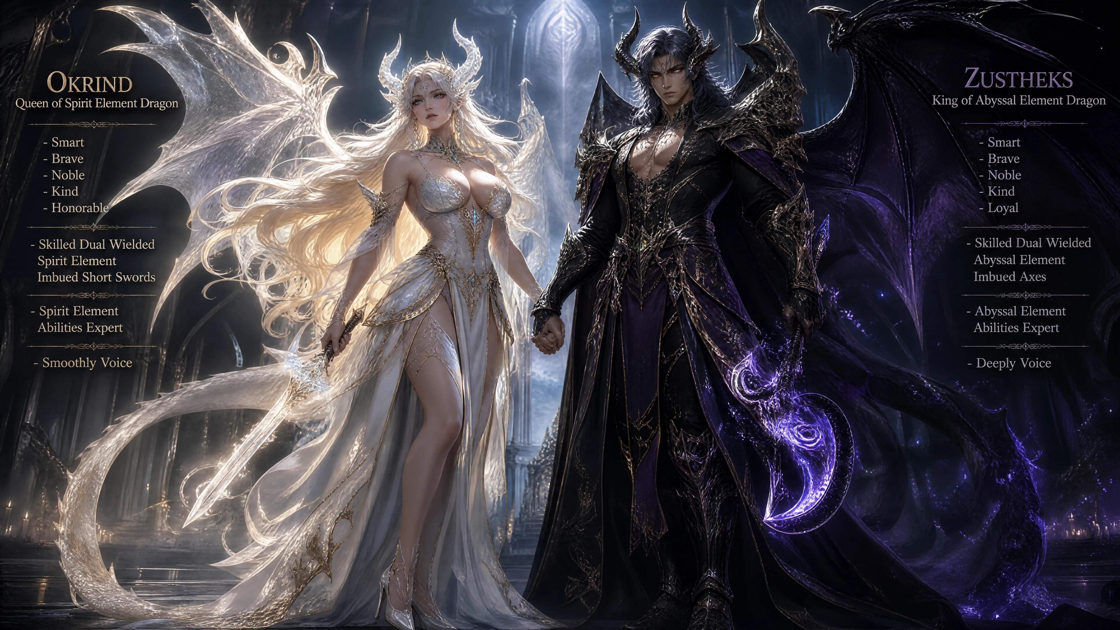 Rainha guerreira dragão espiritual com duas espadas encantadas