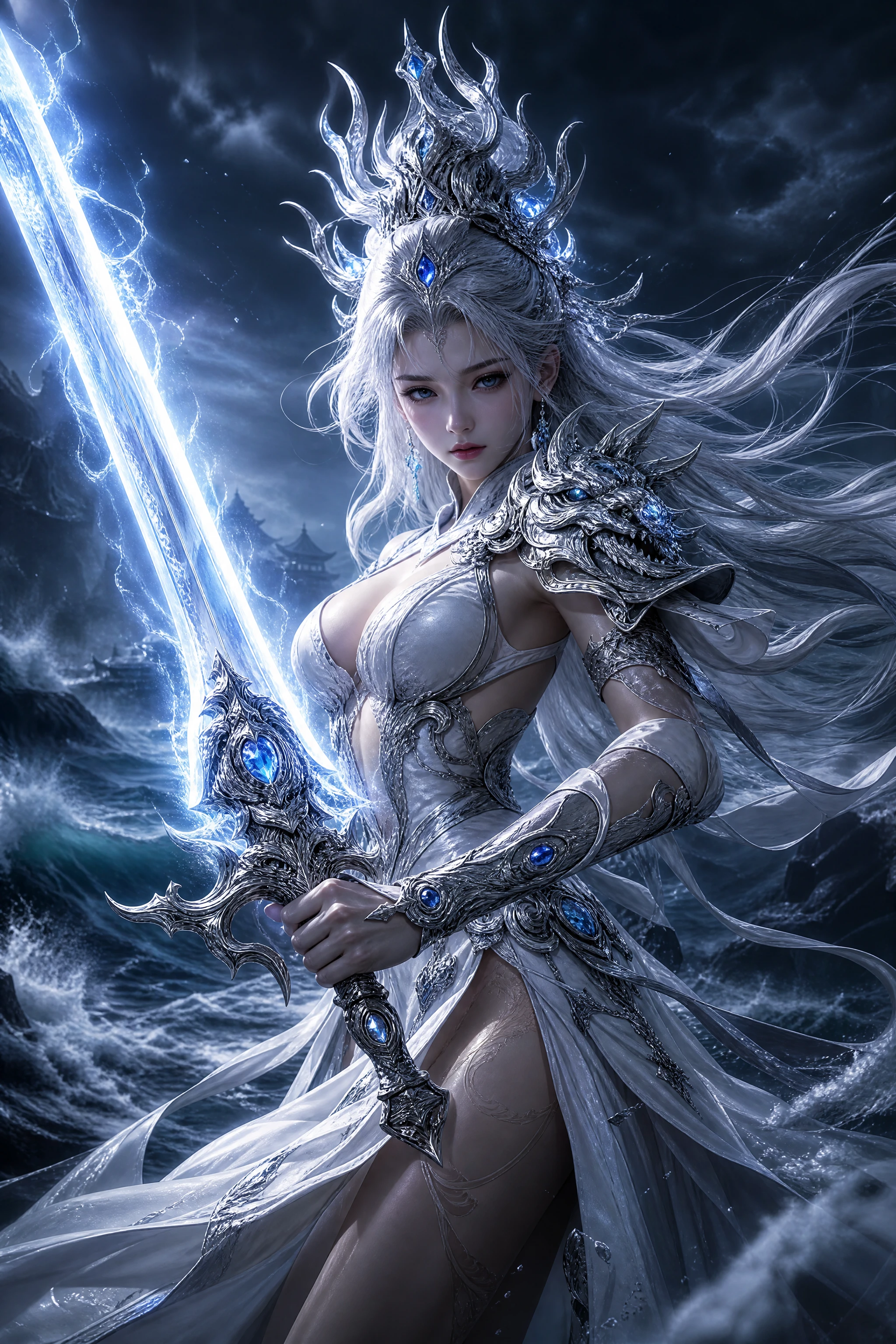 Silver haired warrior woman with glowing sword at sea