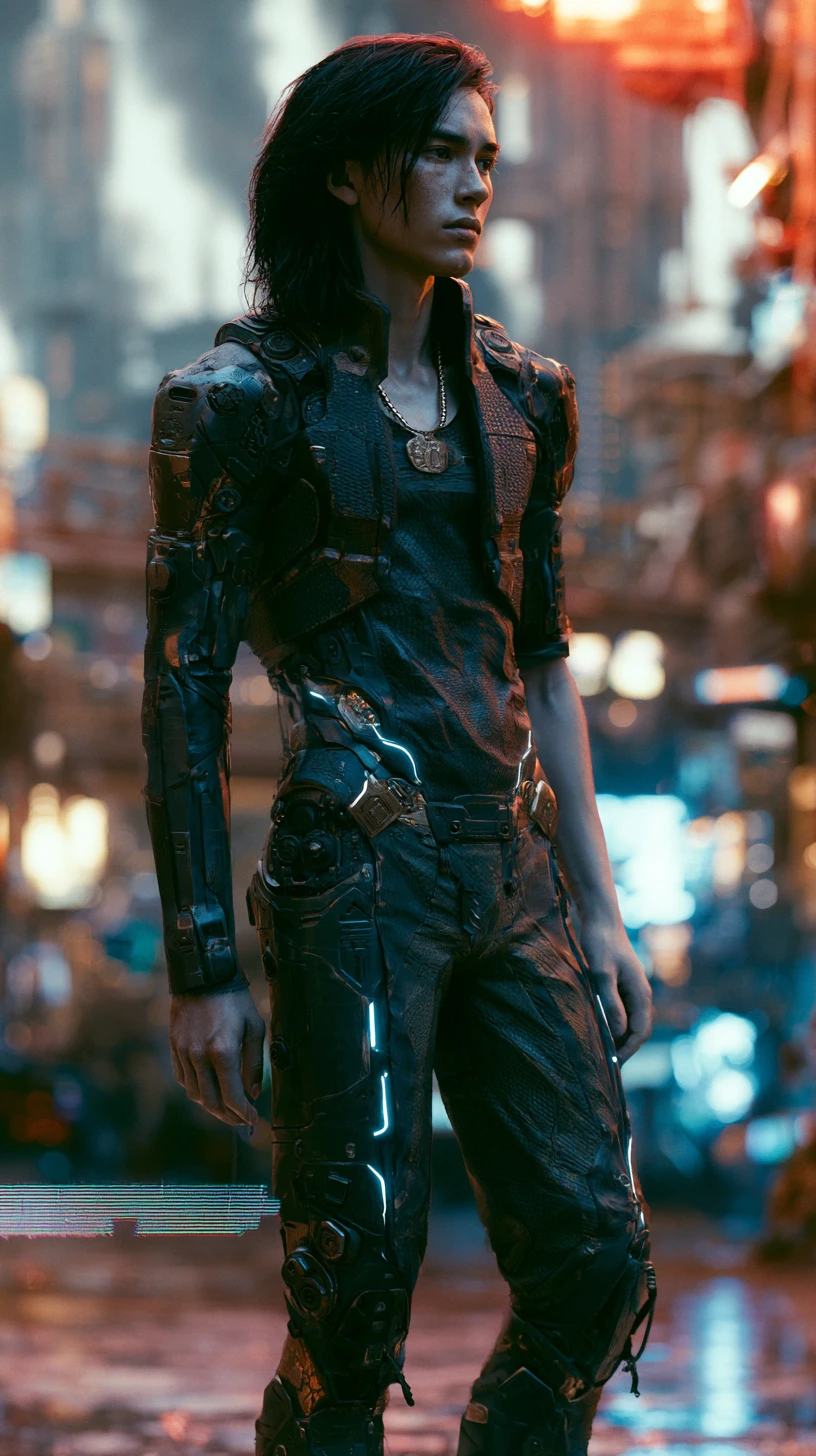 Portrait en pied d’un jeune guerrier de ville sci‑fi