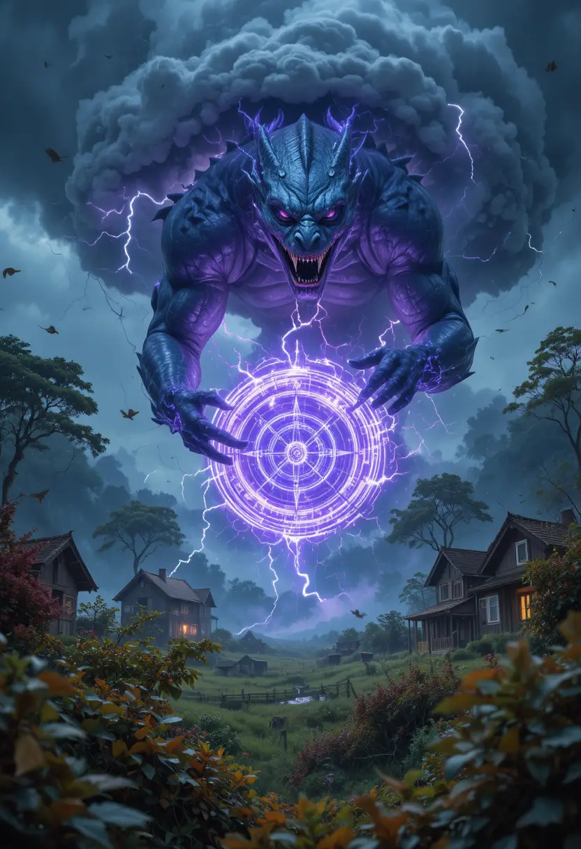 Uralter Drache beschwört einen tobenden violetten Gewittersturm