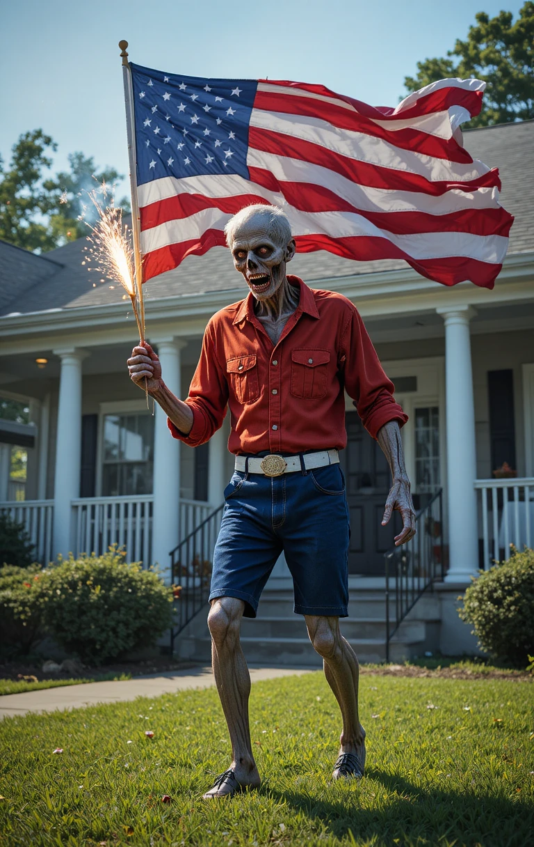 Zombie fêtant le 4 Juillet sur une pelouse ensoleillée