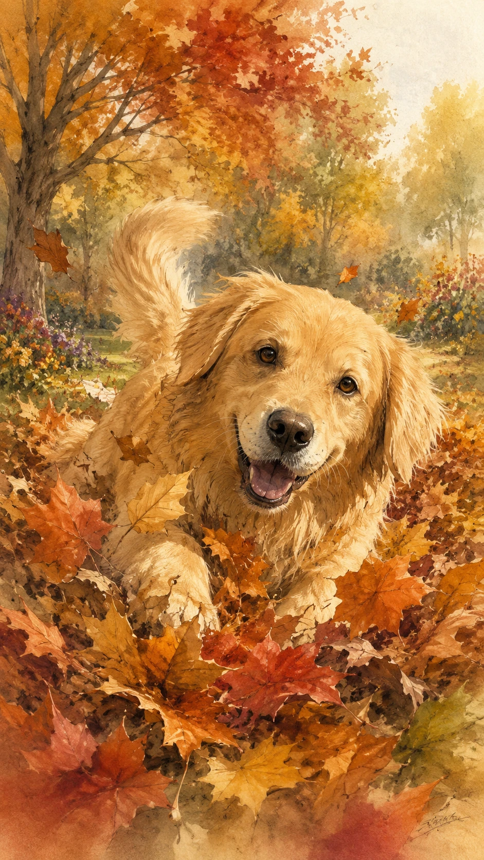 Golden retriever brincando em folhas de outono no parque