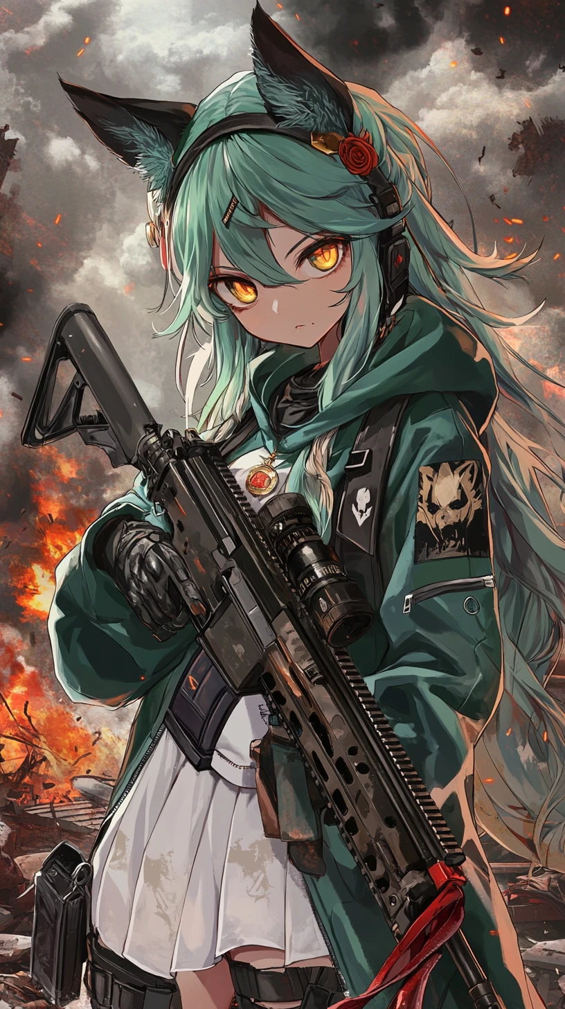 Garota de anime com rifle em uma zona de guerra urbana em ruínas