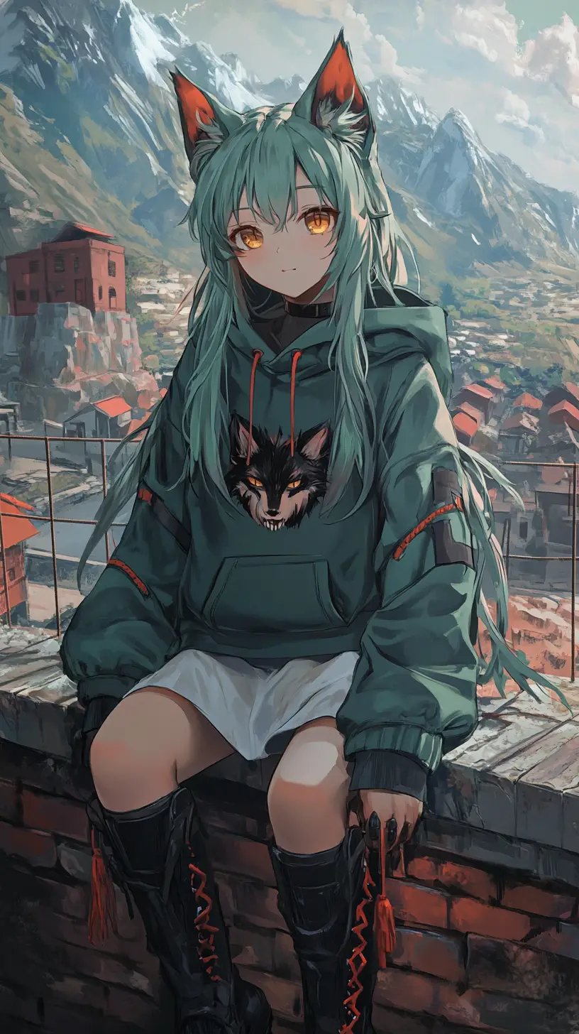 キャンプ場にいる緑髪のアニメ少女