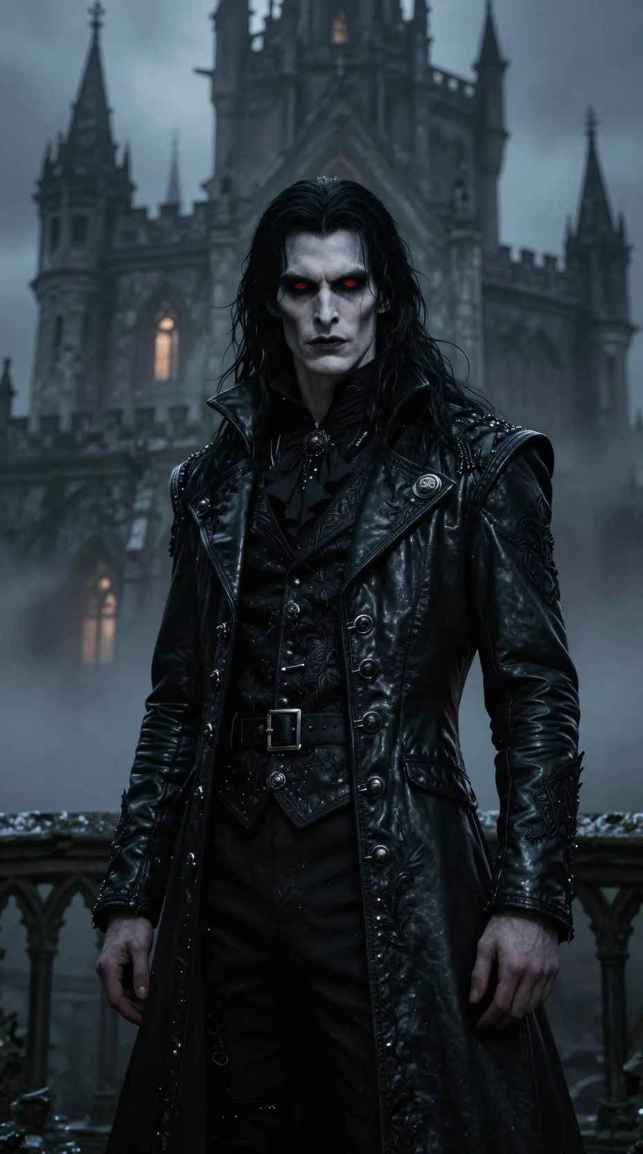Vampiro sombrio diante de um castelo gótico imponente à noite