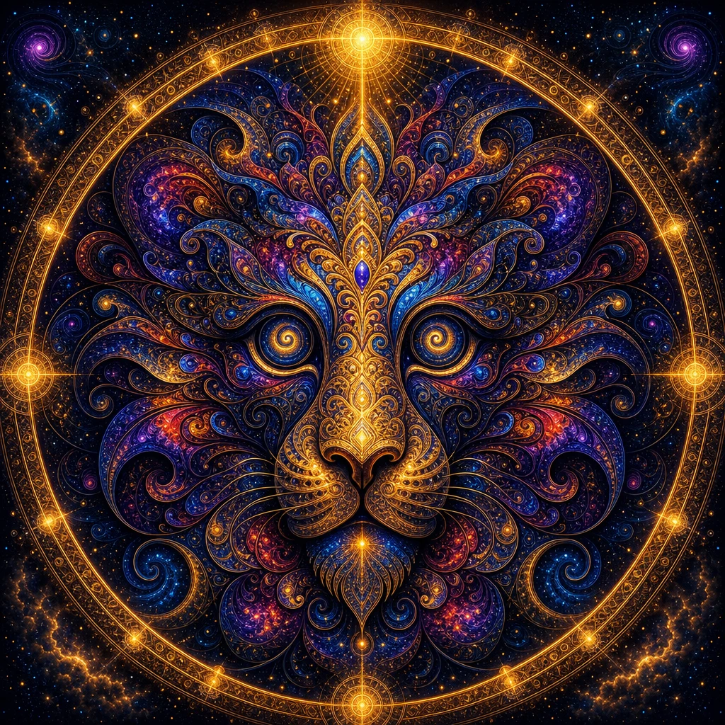 Mandala psichedelico di leone con luminosa simmetria cosmica