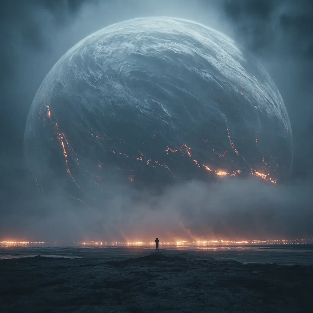 Einsame Gestalt unter einem kolossalen fremden Planeten am dunklen Himmel