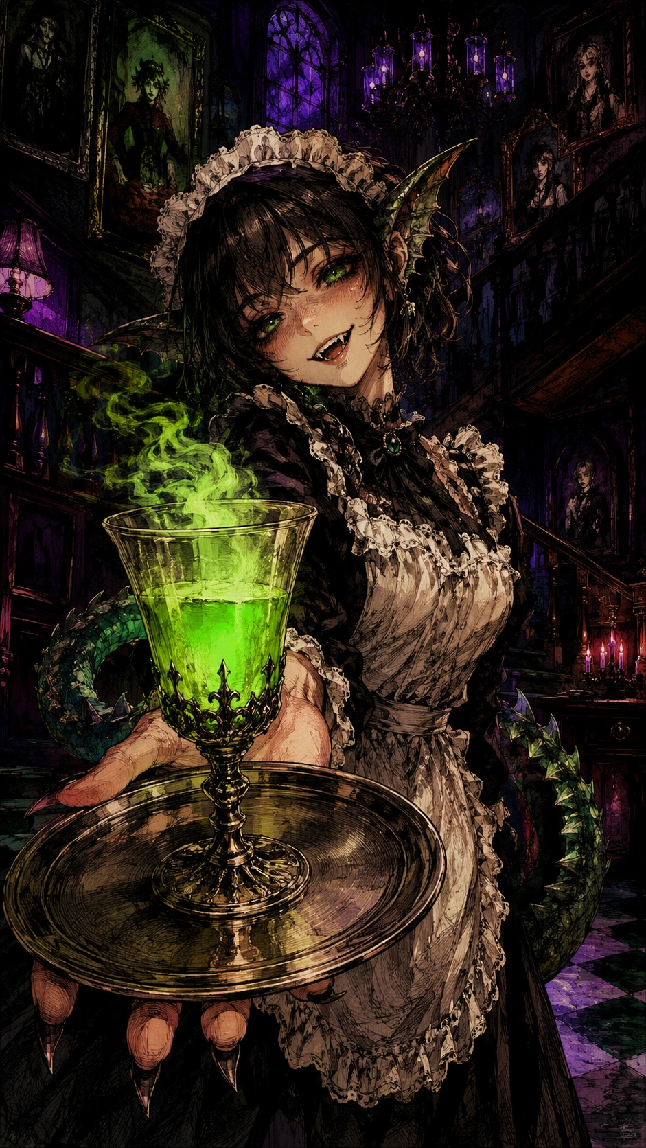 Souillon à queue de monstre offrant une boisson vert néon au spectateur