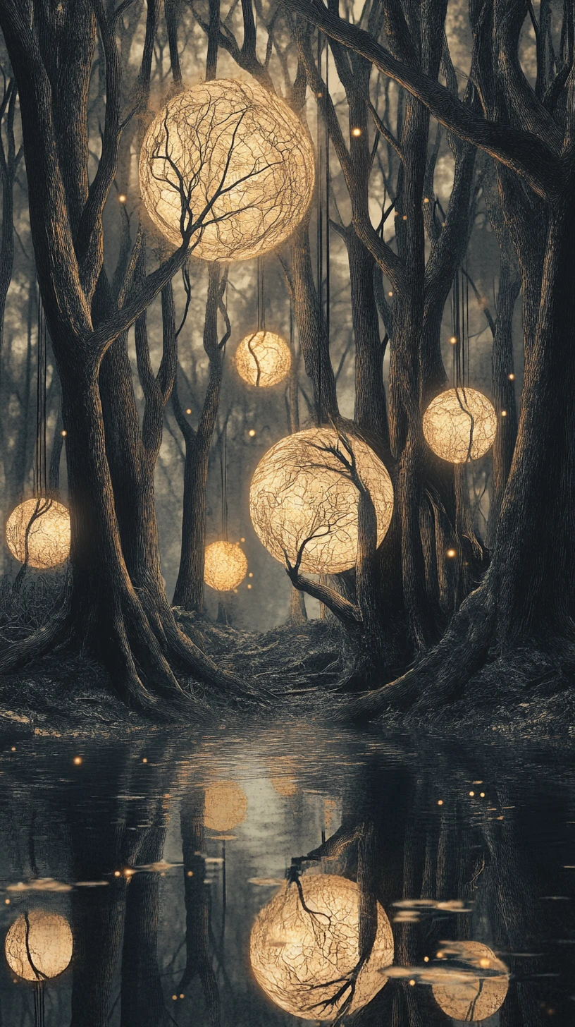 Árvores antigas surgindo de águas espelhadas em floresta surreal