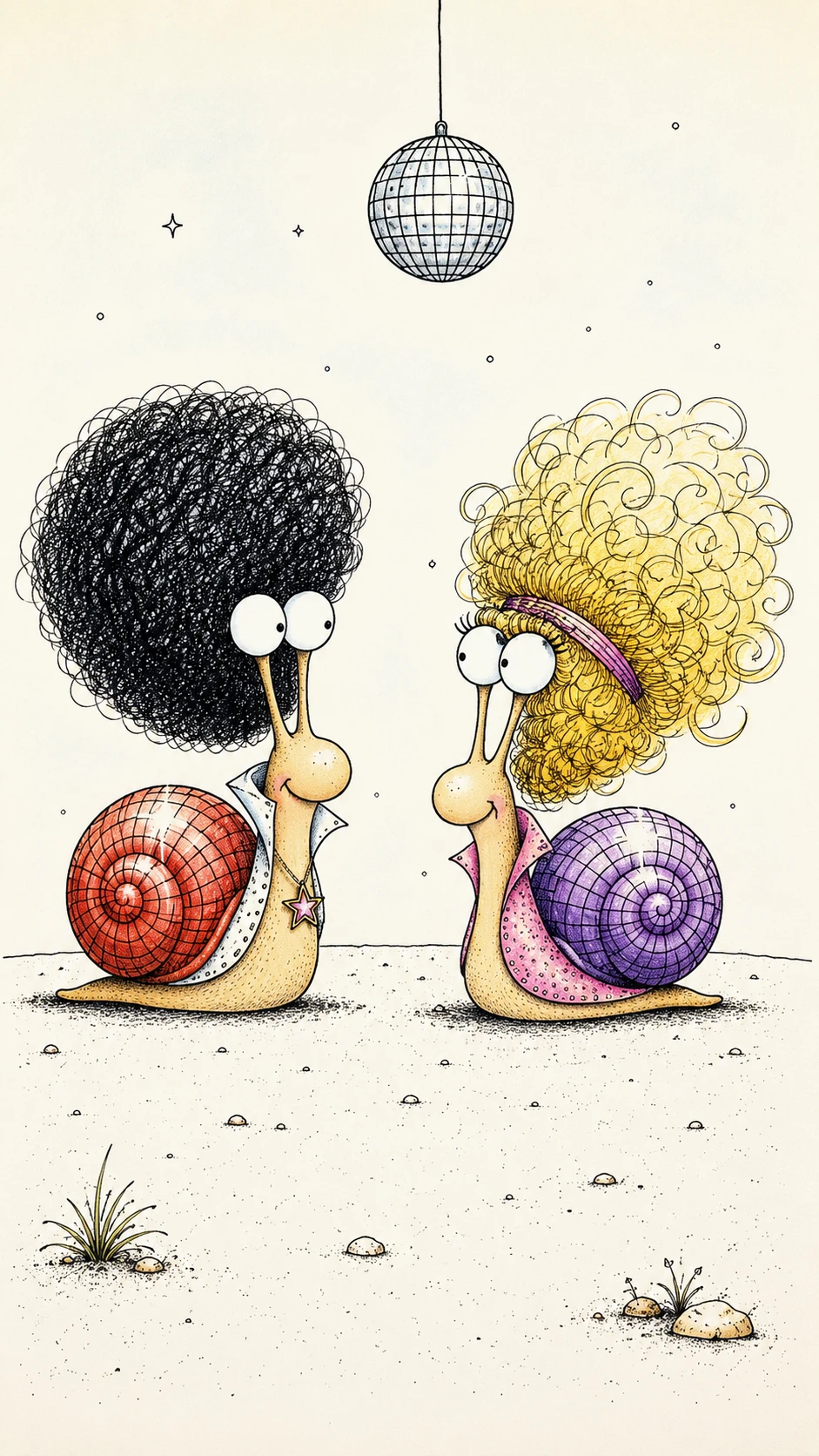 Caracoles de dibujos animados en la disco admirando los peinados del otro