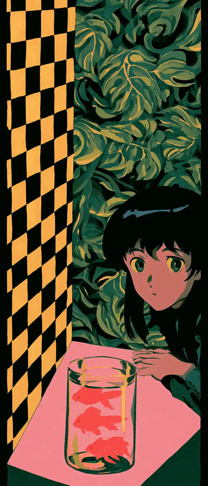 Ragazza anime che contempla i pesci rossi a un tavolo astratto rosa