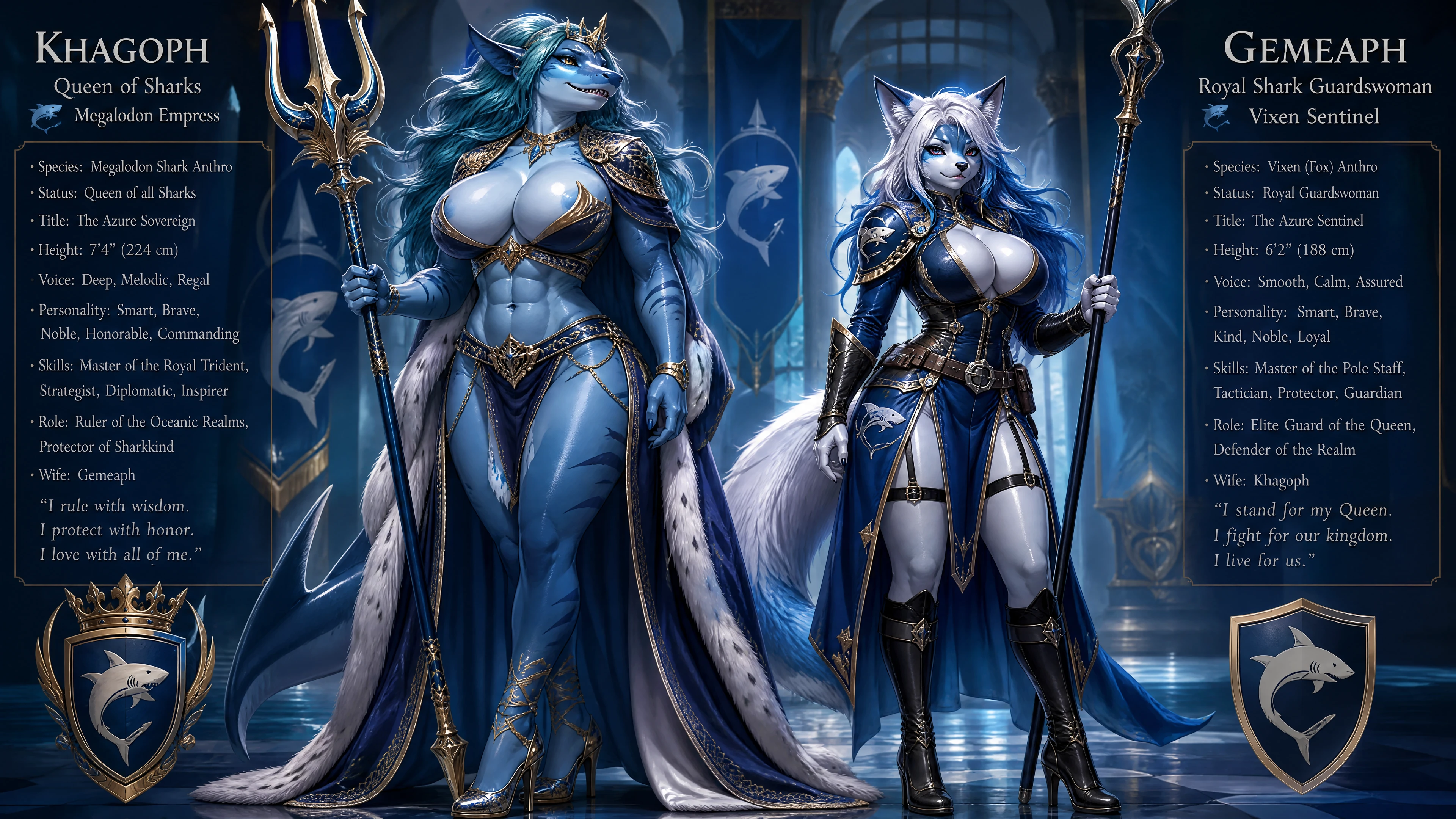 Regal shark queen anthro woman in royal garments