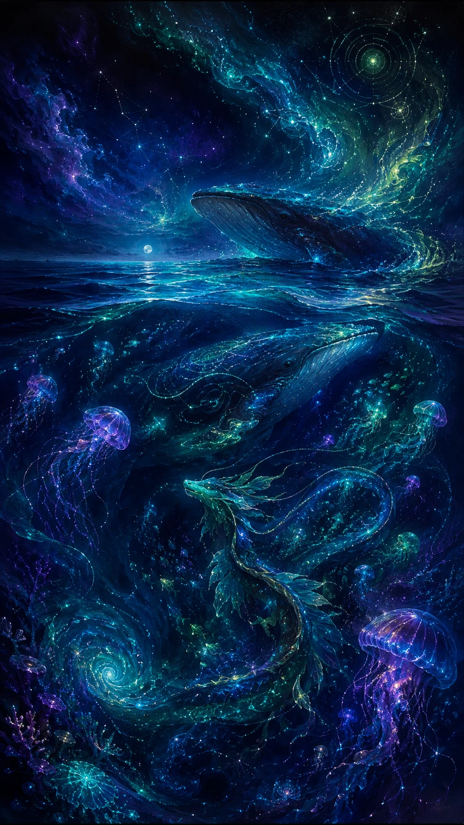 Oceano infinito à meia-noite brilhando com vida marinha bioluminescente