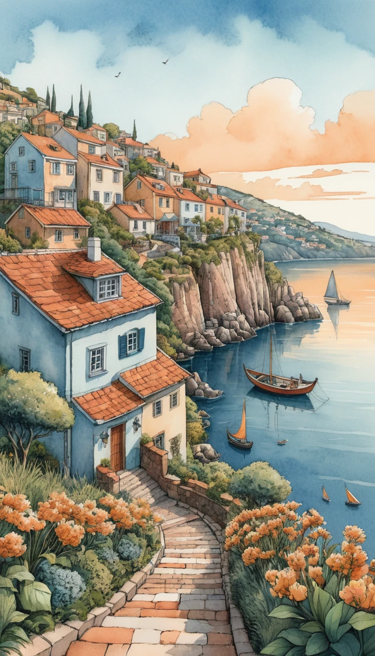 Caminho em aquarela por vila na encosta levando a um mar tranquilo