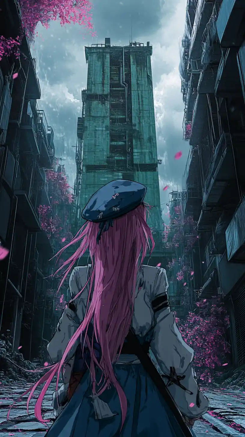 Eastern fantasy tower road with neon glow and storm